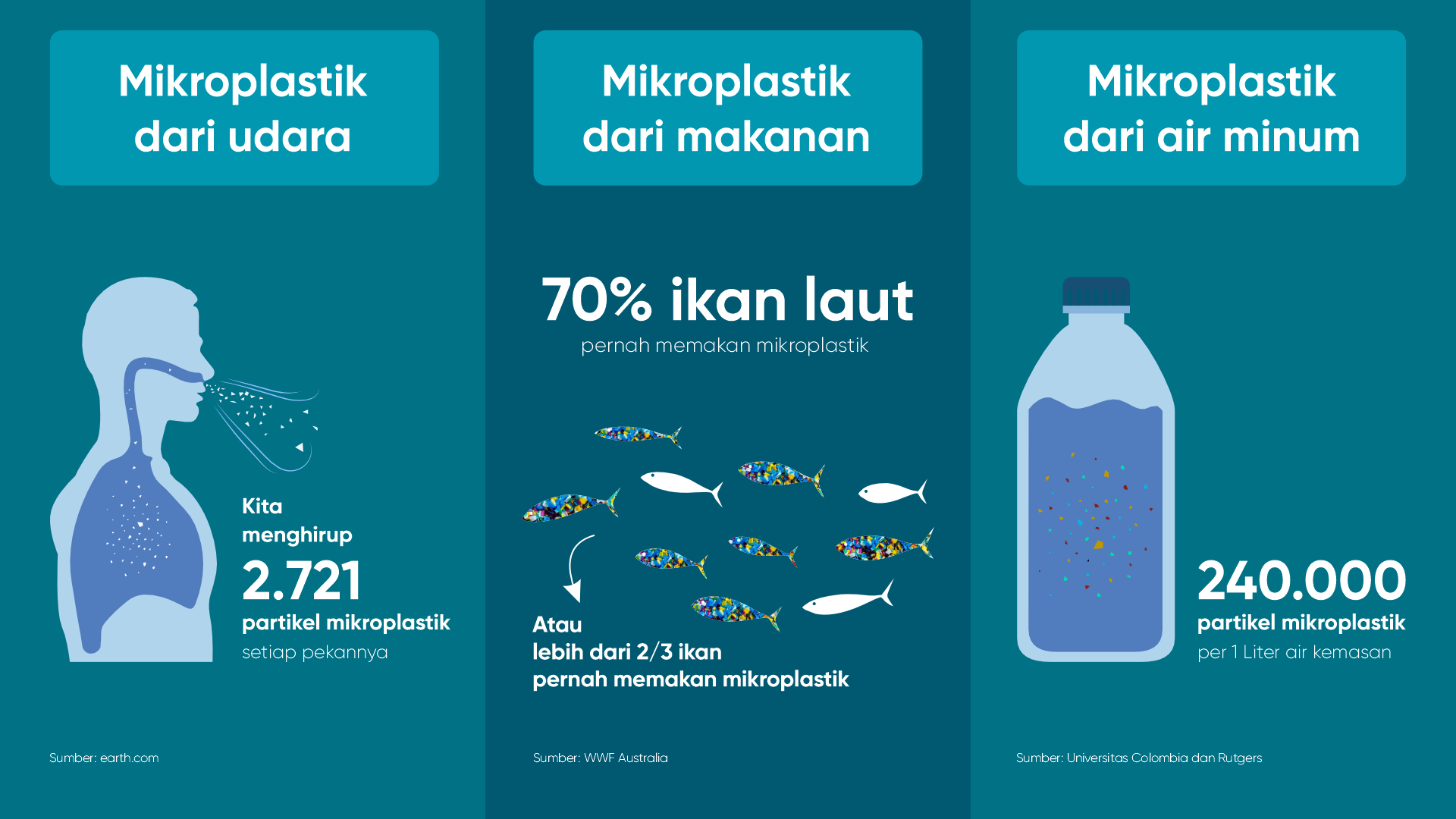 pemaparan mikroplastik terhadap tubuh manusia, terpapar lewat udara, lewat makanan, dan penggunaan plastik pada wadah